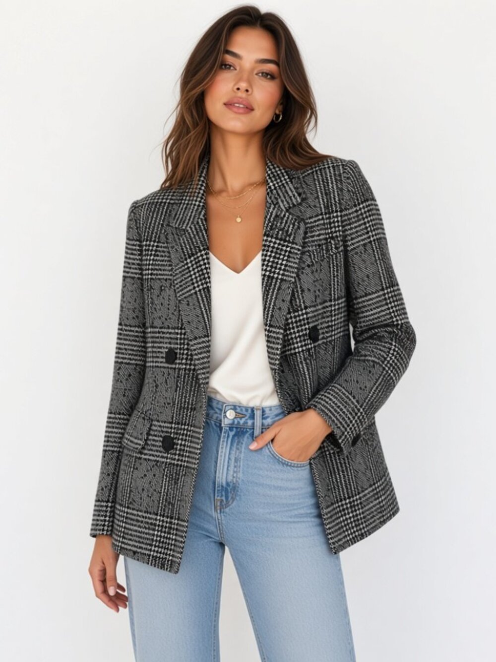 ZARA Black Houndstooth Plaid Double Breasted Buckled Tweed Blazer Jacket